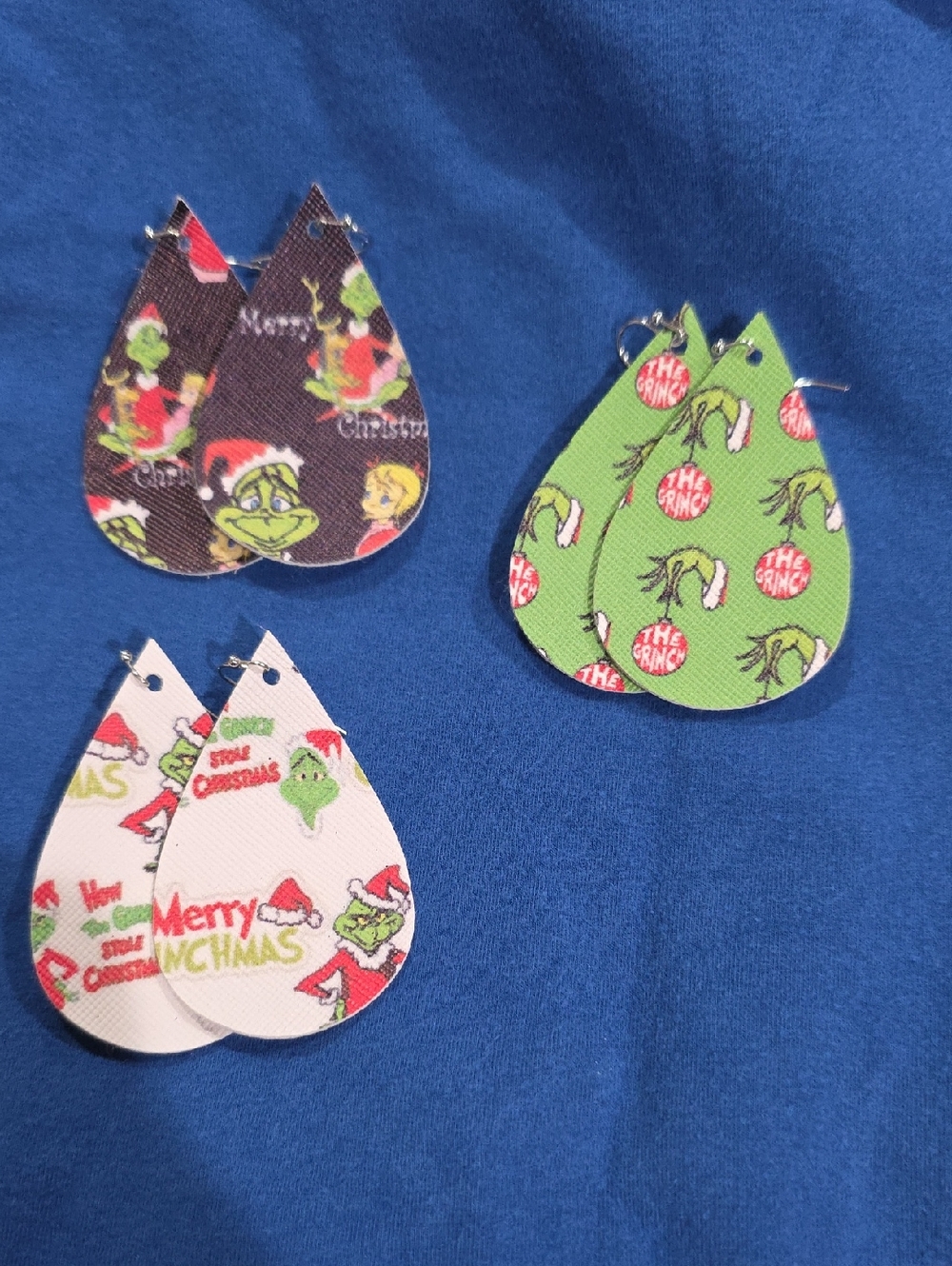 Grinch Tear Drop Earrings Set - Green, White, Dark Green